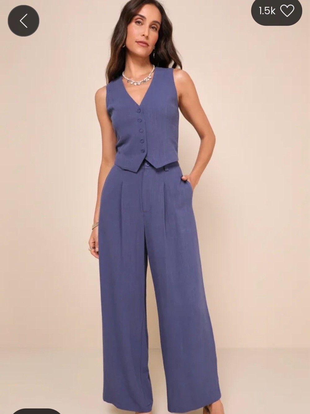 NWT Lulu's Sleeveless Button Vest and Pants Wide-Leg Matching Suit in Blue